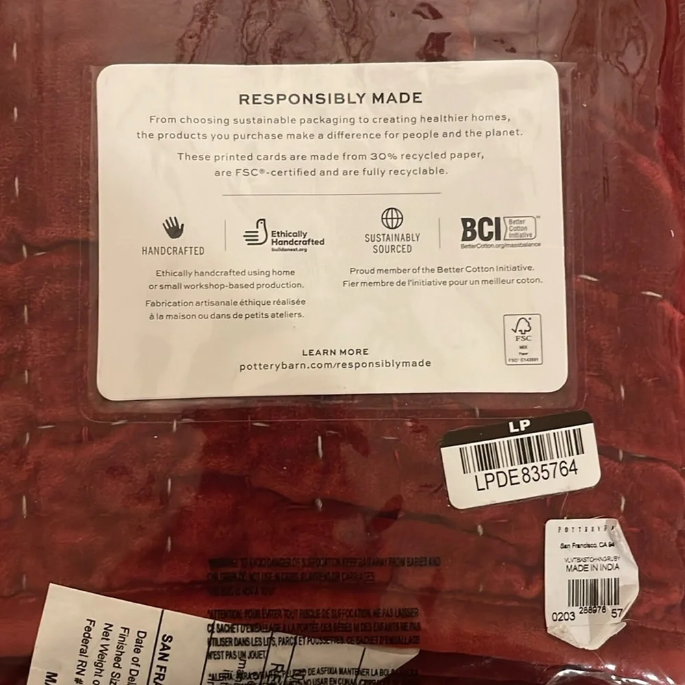 Pottery Barn Velvet Box Stitch King Size Sham - Rich Red set of two - Picture 3 of 8